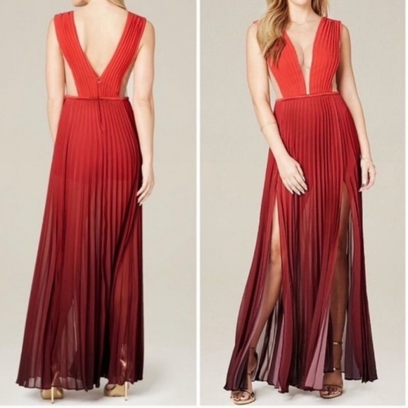 Bebe red ombre pleated double  split illusion bodice formal evening gown - Picture 1 of 13